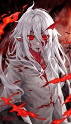 ai_generated blood ear eyes flames hair messy pointy red ruins skin stable_diffusion upscaled vampire waifu2x white