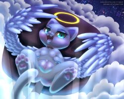 2021 angel anthro back_wings blue_eyes claws clitoris cloudscape collar collar_only domestic_cat eyebrows feathered_wings feathers felid feline felis female flat_chested furnut genitals halo hi_res looking_at_viewer lying mammal night nipples nude on_back on_pillow open_mouth original_character outside pawpads pillow pink_body pink_nose presenting presenting_pussy pupils pussy sky slit_pupils smile solo spread_legs spread_wings spreading star starry_sky teeth toe_claws tongue white_wings wings