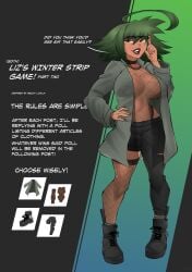 black_lipstick choker dialogue english_text fishnets flytrapxx glasses goth green_hair jacket liz_(flytrapxx) mole no_bra original ripped_pants strip_game