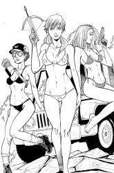 3girls alison_r_hart_burnett bikini breasts courtney_a_krieger cover_girl_(g.i._joe) crossbow g.i._joe handgun hat javelin jeep lady_jaye looking_at_viewer monochrome scarlett_(g.i._joe) shana_o'hara sneakers socks sunglasses tim_seeley weapons