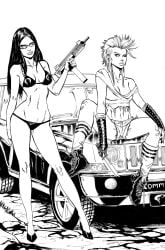 anastasia_cisarovna arm_bracers automatic_weapon baroness_(g.i._joe) bikini boots breasts cobra_(g.i._joe) dreadnoks g.i._joe glasses gun high_heels knife looking_at_viewer mohawk_(hairstyle) monochrome socks tim_seeley uzi vehicle weapon zarana_{g.i._joe)