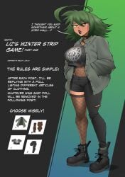 black_lipstick choker dialogue english_text fishnets flytrapxx goth green_hair hands_in_pockets jacket liz_(flytrapxx) looking_at_viewer original ripped_pants strip_game