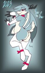 2023 absurd_res anthro antlers ass belly bow_tie buns clothing collar evening_gloves flat_colors hi_res horn jackalope kyle_(topazknight) lagomorph legwear male mammal pinup pose red_eyes simple_background stockings topazknight