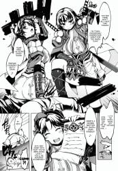 1boy 2girls armor ass big_breasts doujinshi english_text kunai kunoichi looking_at_viewer monochrome onigashima_kazari_(onigashima_soushuuhen) onigashima_soushuuhen onigashima_touka_(onigashima_soushuuhen) plump ragnarok_online right_to_left scroll sisters speech_bubble sword thick_thighs thong wink xration