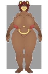 anthro areola bear big_breasts breasts brown_body brown_fur brown_hair eyelashes eyelids female fur generation_2_pokemon genitals hair hi_res huge_breasts looking_at_viewer mammal mature_female nintendo nipples pokémon_(species) pokemon pokemon_(species) pussy simple_background solo standing thick_thighs unluckyoni ursaring wide_hips