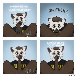 absurd_res anthro bodily_fluids brown_body brown_fur clothed clothed/nude clothed_male_nude_male clothing comic cum cum_on_face cumshot deep_throat duo echto ejaculation fellatio foreskin four_frame_image fur furry genital_fluids genitals hi_res humanoid lemur licking licking_lips male male/male mammal nude oral penile penis primate sex slyeazylemur strepsirrhine tongue tongue_out unknown_species