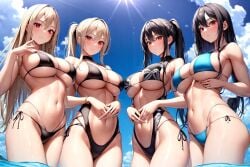 4girls ai_generated beach bikini blonde_hair breasts brown_hair female holaraai huge_breasts light-skinned_female light_skin long_hair navel original original_character outdoors red_eyes slim_waist stable_diffusion thighs