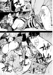 1boy 2girls akuta_ichika_(onigashima_soushuuhen) armor ass big_breasts censor_bar censored doggy_style doujinshi english_text fat_man grabbing_from_behind huge_cock kunoichi legs_spread looking_at_viewer monochrome nipples old_man older_man_and_teenage_girl onigashima_kazari_(onigashima_soushuuhen) onigashima_soushuuhen onigashima_touka_(onigashima_soushuuhen) penis_in_pussy pleasure_face pleasured plump pointless_censoring pussy pussy_juice ragnarok_online sex sex_from_behind sisters speech_bubble straddling sweat thick_thighs tongue_out xration