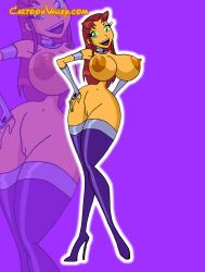 boots cartoonvalley.com dc_comics erect_nipples female_only green_eyes hands_on_hips heel_boots high_heel_boots huge_breasts huge_nipples long_hair purple_background purple_boots red_hair riff_(artist) starfire teen_titans thigh_boots thin_female thin_waist wide_hips