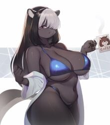 1girls anthro big_breasts bikini blush breasts clothed clothing digital_media_(artwork) female female_anthro female_only fur hair hair_over_eye hi_res kemono long_hair looking_at_viewer mammal mephitid navel one_eye_obstructed skunk solo swimwear thick_thighs whooo-ya