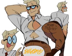 1boy big_ass big_ass_(male) big_butt big_pecs blonde_hair blush button_down_shirt cleavage dexter's_dad dexter's_laboratory dilf dress_pants embarrassed gay glasses hokawazu hunk male_cleavage male_focus male_only solo solo_male