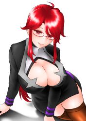 black_suit brown_thighhighs business_suit business_woman cleavage_cutout clothing_cutout game_freak glasses long_sleeves lorelei_(pokemon) lorelei_(pokemon_lgpe) nintendo pokemon pokemon_rgby ponytail red_eyes red_eyes_female red_hair red_hair_ornament sidelocks suit thighhighs toba_tsutsumi turtleneck