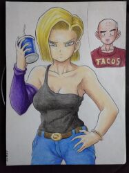 1boy 1girls akira_toriyama_(style) android android_18 android_girl angry armpits arms aura bald bald_man belt big_breasts black_background black_topwear blonde blonde_female blonde_hair blue_eyes breasts clavicle clothed clothes cyborg date dated dragon_ball dragon_ball_super dragon_ball_z embarrassed energy female fully_clothed golden_bracelet hand_on_hip human jeans krillin kuririn long_sleeve male manga plastic_cup safe_for_work serious shoulders shueisha skin toei_animation top traditional_art traditional_media traditional_media_(artwork) weekly_shonen_jump yamidanight