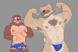 2022 anthro armpit_hair banjo-kazooie banjo_(banjo-kazooie) bear blush blush_lines bodily_fluids body_hair brown_body brown_fur bulge canid canine canis chest_hair clothing countershade_torso countershading deliverymutt domestic_dog duo erection facial_hair flexing floppy_ears fur genital_fluids grey_background head_tuft hi_res jewelry jockstrap male male_only mammal muscular muscular_male mutt_(deliverymutt) navel neck_tuft necklace nipples pattern_clothing pattern_underwear pecs precum precum_through_clothing rareware simple_background sparkles sweat tan_body tan_fur tuft underwear wet wet_clothing