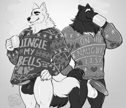 2boys anthro balls black_body black_fur bodily_fluids canid canine christmas christmas_clothing christmas_sweater christmas_topwear clothed clothing cum dalipuff digital_media_(artwork) drinking duo erection erection_under_clothing fur furry gay genital_fluids genitals greyscale holidays humanoid_genitalia humanoid_penis leaking_cum leaking_precum male mammal monochrome mug muscular muscular_anthro muscular_male penis precum sweater topwear white_body white_fur