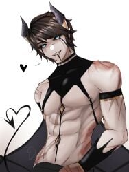 abs anime_style armwear biceps black_eyes black_lipstick blood blue_eyes brown_hair burn_scar choker collar cosplay costume covered_navel covered_nipples covering demon demon_horns demon_tail dominant domination fangs fantasy halloween heart horn horns incubus light_skin long_ears long_tail looking_at_viewer looking_down makeup male male_focus male_only mascara muscle muscles muscular muscular_male navel nipple_bulge nipples oc original original_character rosalinn scar scars seductive seductive_eyes seductive_look seductive_mouth seductive_smile sharp_teeth short_hair simple_background simple_shading smile smiling smiling_at_viewer smirk solo solo_focus standing succubus tattoo tattooed_arm tattoos teeth vampire white_background wings