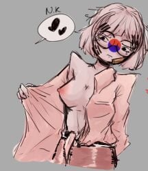 1girls band-aid clothing countryhumans countryhumans_girl glasses heart medium_breasts nervous north_korea_(countryhumans) shirt short_hair sketch south_korea_(countryhumans) white_body white_hair white_skin