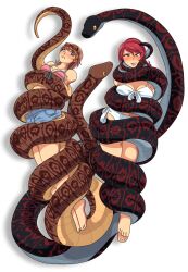 2girls breasts brown_hair choked choking coiling coils danimarion female femsub mitsuru_kirijo persona persona_3 red_hair reptile snake squeezing strangling yukari_takeba