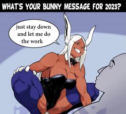 1girls 2023 animated big_breasts bugs_bunny bunnysuit cleavage cowgirl_position dark-skinned_female female female_only izra miruko my_hero_academia new_year rumi_usagiyama speech_bubble spread_legs tagme video