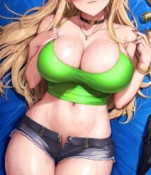 1girls ai_generated ai_love_higokko blonde_hair booty_shorts breasts cleavage eyes_out_of_frame face_out_of_frame female holaraai huge_breasts light-skinned_female light_skin long_hair navel original original_character short_shorts shorts slim_waist stable_diffusion tank_top wet wet_body