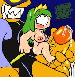 alex_kidd blue_background cum cumming erection green_hair janken_the_great nude nude_female princess_lora sega smile tagme teeth thewill