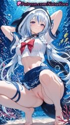 1girls 2025 ai_generated animal_hood arms_behind_head barefoot blue_skirt braid breasts cetacean_tail choker coral crop_top crop_top_overhang fish_tail hi_res highres hood long_hair looking_at_viewer natsuyoru navel no_panties patreon pleated_skirt purple_eyes pussy school_uniform serafuku shirt short_sleeves shylily skirt smile solo squatting tail thigh_strap twin_braids uncensored vagina voluptuous voluptuous_female vtuber vtuberfanart water