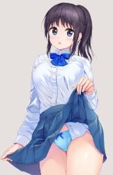 1girls :d black_hair blue_bow blue_bowtie blue_eyes blue_panties blue_skirt blush bow bow_panties bowtie breast_pocket breasts clothes_lift collared_shirt commentary cowboy_shot dress_shirt grey_background highres lifting_own_clothes long_sleeves looking_at_viewer medium_breasts miniskirt open_mouth original panties pasdar pleated_skirt pocket ponytail school_uniform shirt short_hair short_ponytail simple_background skirt skirt_lift smile solo underwear white_shirt
