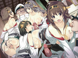 2boys 4girls ass assisted_fellatio black_eyes black_hair black_legwear blue_eyes breast_grab breasts brown_eyes brown_hair censored cleavage cum fellatio glasses haruna_(kantai_collection) hat hiei_(kantai_collection) japanese_clothes kantai_collection kirishima_(kantai_collection) kongou_(kantai_collection) lolita_channel long_hair miko military military_uniform multiple_girls nipples nora_higuma open_clothes oral orgy panties panties_aside penis pussy short_hair sideboob spread_pussy teamwork thighhighs tongue ugly_man underwear uniform