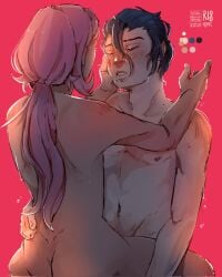 1boy1girl 2d_(artwork) akire_wolfgang ambiguous_penetration behind_view blue_hair blush caring crying crying_with_eyes_closed female fully_nude gentle k080200479 light-skinned_male lotus_position madison_grace male male/female mole_under_mouth naked_female naked_male navy_blue_hair nudity pink_hair project:_eden's_garden sitting_on_lap soft soothing submissive_male tan-skinned_female wiping_tears