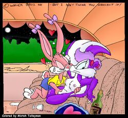 2girls anthro babs_bunny breasts drunk female female_only fifi_la_fume fur furry interspecies karri_aronen mammal mistah_talleyman multiple_females nipples nude pink_fur purple_fur rabbit skunk text tiny_toon_adventures toony uncensored warner_brothers yuri