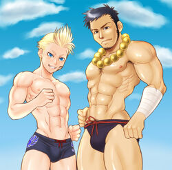 2boys abs blonde_hair bulge chest final_fantasy final_fantasy_viii human male male_only multiple_males muscles pecs raijin_(ff8) swimsuit tattoo tokisige zell_dincht