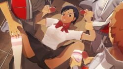 1girls 3boys 3d atlus double_handjob female gangbang handjob male multiple_boys on_back persona persona_3 questionable_consent school_uniform spread_legs sweat uriziel yuko_nishiwaki