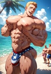 abs ai_generated american_flag ass bara bara_tiddies bara_tits beach big_ass big_biceps big_butt big_pecs bubble_ass bubble_butt bulge captain_america chest chest_focus hand_on_chest hands_on_breasts hands_on_chest male male_focus male_only man_boobs marvel marvel_cinematic_universe marvel_comics muscles muscular_arms muscular_legs muscular_male muscular_thighs nipples obliques pec_focus pec_grab pectoral_focus pectorals presenting_breasts presenting_pecs revealing_clothes speedo squeezing squeezing_breasts steve_rogers swimsuit swimwear yaoi