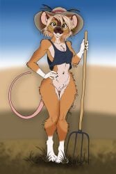 2:3 anthro areola big_ears bottomless breasts buckteeth chest_tuft clothed clothing deerwalker ear_piercing ear_ring eyewear farm female flat_colors genitals glasses grass hat headgear headwear hi_res inner_ear_fluff long_tail looking_at_viewer mammal mouse murid murine navel nipple_slip pantsless_female piercing pinup pitchfork plant pose pubes ring_piercing rodent round_glasses scruffy shirt side_boob simple_background solo straw_hat tail tank_top teeth tools topwear tuft vulva whiskers wide_hips