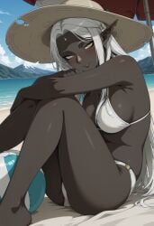 ai_generated beach bikini cithis dark_hair dark_skin dungeon_meshi elf elf_ears elf_female female female_only looking_at_viewer pointy_ears seductive seductive_look sitting white_bikini white_hair yellow_eyes