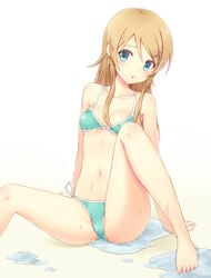 :o arm_support barefoot bikini blonde_hair blue_eyes breasts brown_hair cameltoe cleavage collarbone feet female green_bikini hair_ornament hairclip kousaka_kirino long_hair looking_at_viewer n.g. open_mouth ore_no_imouto_ga_konna_ni_kawaii_wake_ga_nai side-tie_bikini sitting solo spread_legs swimsuit wet