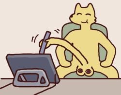 anthro balls big_penis canid canine canis chair closed_eyes electronics eyes_on_balls fur furniture genitals hi_res holding_object huge_cock humor hyper hyper_genitalia hyper_penis long_penis male mamm mammal on_chair penis penis_hand simple_background sitting sitting_on_chair smile solo table tablet tablet_pen toony tukareta_inu what yellow_body yellow_fur