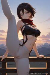 1girls 2025 ai_generated attack_on_titan bare_shoulders black_hair blush breasts cameltoe cleavage closed_mouth covered_nipples crop_top eroflow female genitals grey_eyes hair_between_eyes hi_res highres large_breasts leg_up looking_at_viewer medium_breasts mikasa_ackerman mikasa_ackerman_(cosplay) navel outdoors pants patreon pussy pussy_juice railing red_scarf scarf shingeki_no_kyojin short_hair sky solo split spread_legs standing standing_on_one_leg standing_split stomach sunset tank_top thighs tight_pussy voluptuous voluptuous_female white_pants
