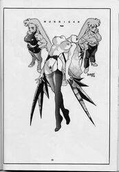 1990s 1995 20th_century alternate_costume big_breasts black_and_white breasts capcom clothing darkstalkers dated isutoshi morrigan_aensland muscles nipples pubic_hair pussy signature skirt small_breasts stockings