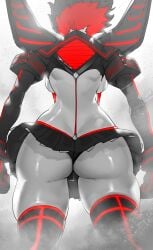 absurdres aged_up ass ass_focus back back_focus backboob black_hair breasts cameltoe female from_behind gloves highres kamui_(kill_la_kill) kill_la_kill life_fiber living_clothes matoi_ryuuko medium_breasts multicolored_hair niwarhythm red_hair revealing_clothes senketsu short_hair sideboob simple_background skindentation skirt solo suspenders thick_thighs thighhighs thighs trigger_(company) two-tone_hair underboob