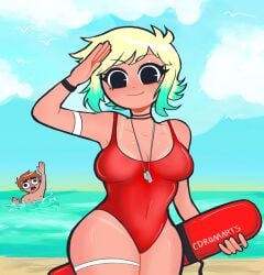 1girls beach blonde_hair busty cdromarts drowning green_streak hips lifeguard light-skinned_female light_skin one-piece_swimsuit ramona_flowers salute scott_pilgrim scott_w_pilgrim swimsuit tanline whistle
