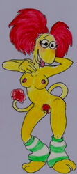 anthro breasts female female_only fraggle_rock front_view leg_warmers mostly_nude muppets open_mouth red_hair solo standing tagme tail toony yellow_fur