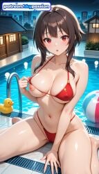 1girls 2026 ai_assisted ai_generated anime bikini boobs breasts brown_hair bust hi_res high_quality high_resolution highres innertube kono_subarashii_sekai_ni_shukufuku_wo! konosuba konosuba:_god's_blessing_on_this_wonderful_world! megumin navel patreon patreon_username pool pool_ladder red_bikini red_eyes skypassion stable_diffusion swimsuit tits water watermark