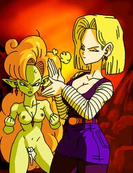 android_18 blonde_hair blue_eyes blue_skin bob_cut clothed clothed_female clothed_female_nude_female clothed_on_nude comic cum dboy dragon_ball dragon_ball_z female ginger green_skin human krillin kuririn male medium_hair nude nude_female orange_hair pantyhose petite pointy_ears zangya