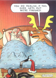 2boys antlers balding beard cervine charteris christmas cigarette facial_hair gay human humor in_bed interspecies red_nose reindeer rudolph santa_claus smoking tagme