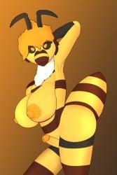animal_ears areolae armpits arms_up breasts bunny_ears female furry glasses large_breasts nipples pokemon_(creature) puffy_nipples short_hair solo striped tail thighhighs