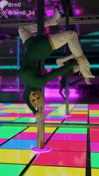 3d 3d_(artwork) ada_wong asian asian_female black_lipstick blender blonde_female blonde_hair brn0 clothed clothed_female dance_floor green_clothing leather_boots leather_gloves lipstick looking_at_viewer nightclub peace_sign pole pole_dancing resident_evil resident_evil_4_remake self_upload short_hair sweater tagme thighhigh_boots upside-down watermark white_clothing