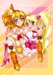 2girls bow clothing cure_peach cure_pine dress female female_only fresh_pretty_cure inori_yamabuki kurogane_(artist) magical_girl majesticrune medium_breasts momozono_love multiple_girls pretty_cure tagme yuri