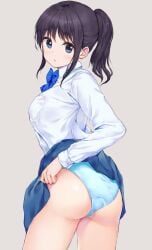 1girls :o ass black_hair blue_bow blue_bowtie blue_eyes blue_panties blue_skirt blush bow bowtie breast_pocket breasts clothes_lift collared_shirt commentary cowboy_shot dress_shirt female from_behind grey_background highres lifting_own_clothes long_sleeves looking_at_viewer looking_back medium_breasts miniskirt original panties parted_lips pasdar pleated_skirt pocket ponytail school_uniform shirt short_hair short_ponytail simple_background skirt skirt_lift solo underwear white_shirt