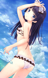 ass beach bikini black_hair blue_eyes cloud dimples_of_venus dutch_angle female gokou_ruri hand_on_head hand_on_own_head long_hair looking_back mole n.g. ocean ore_no_imouto_ga_konna_ni_kawaii_wake_ga_nai sky solo swimsuit water water_drop wet